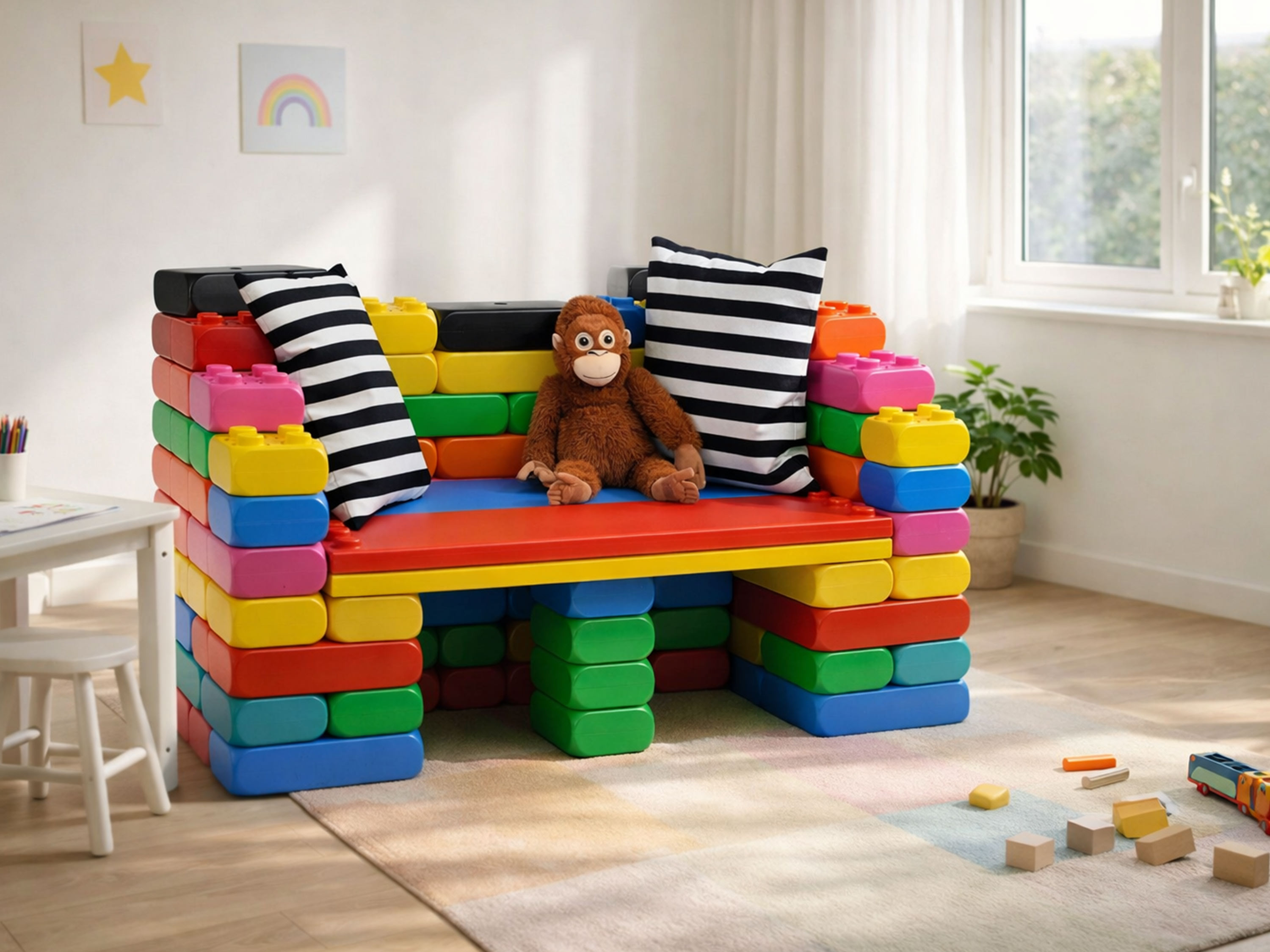 XXL Sofa aus Spielbausteinen in einem Kinderzimmer mit Deko