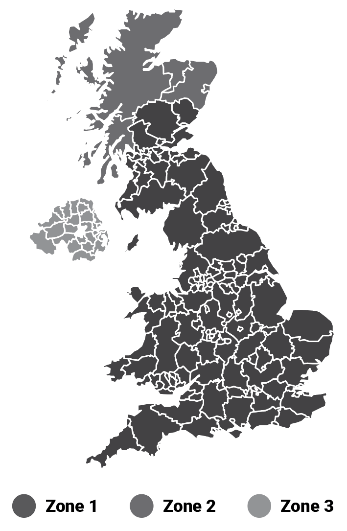 Shipping costs UK Zone 1, 2 and 3